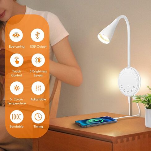 LED Wall Mounted Reading Light, Book Light for Reading in Bed with Touch Control, 5 Dimmable, USB Output, Night Light & Timers Function, Flexible Gooseneck Headboard Bed Lights (White) in Saudi Arabia