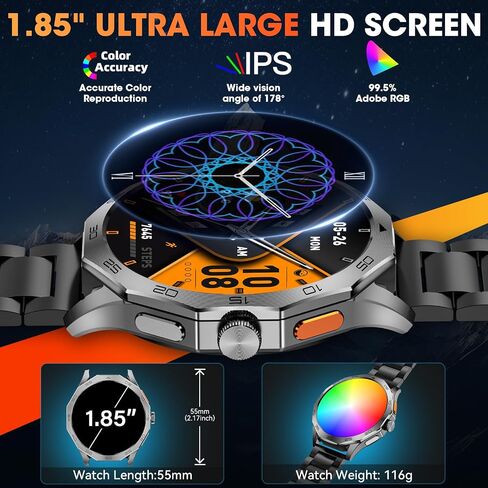 الساعات الذكية العسكرية للرجال 1.85 "HD Ultra Screen Touch Screen 710mAh بطارية الساعات الذكية لنظام Android iOS in Kuwait