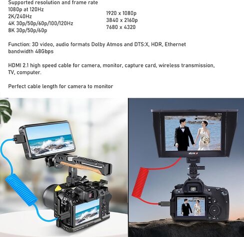 الزاوية اليمنى micro-hdmi إلى HDMI 4K60 8K proras الكابل الخام لـ Atomos Ninja v Ultra Monitor ، Sony ZV-E1 A7C2 A6700 ، Canon R6ii R5 R3 ، Lumix S5 S9 G100 ، Fujifilm X-T50 ، Reded Coail in Kuwait