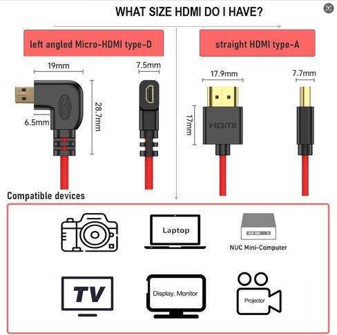 الزاوية اليمنى micro-hdmi إلى HDMI 4K60 8K proras الكابل الخام لـ Atomos Ninja v Ultra Monitor ، Sony ZV-E1 A7C2 A6700 ، Canon R6ii R5 R3 ، Lumix S5 S9 G100 ، Fujifilm X-T50 ، Reded Coail in Kuwait