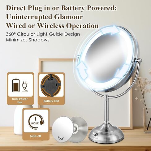 VESAUR 10" Extra Large and 17" Tall Lighted Makeup Mirror, 1X/5X Magnifying Vanity Mirror with 3 Colors Dimmable Light, 52 Premium LED Lights, 360° Rotation Table Mirror 2 Power Supply, Pearl Nickel in Saudi Arabia
