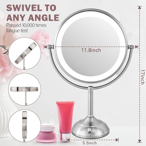 VESAUR 10" Extra Large and 17" Tall Lighted Makeup Mirror, 1X/5X Magnifying Vanity Mirror with 3 Colors Dimmable Light, 52 Premium LED Lights, 360° Rotation Table Mirror 2 Power Supply, Pearl Nickel in Saudi Arabia
