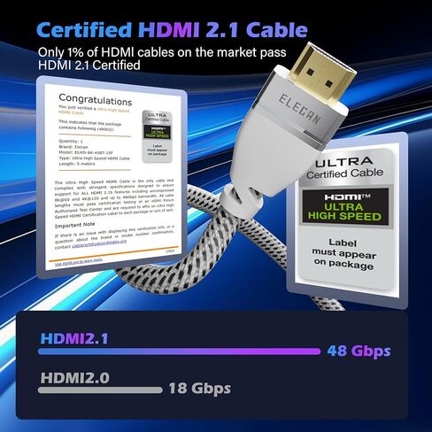 Elecan Certified 8K HDMI 2.1 Cable 6 Ft, Left 45 Degree Angled High Speed 48Gbps Braided HDMI Cord, 8K@60Hz 4K@120Hz 2K 1080P, HDR10+, eARC HDCP 2.3 for Video Gaming PC PS5 Xbox Switch TV Monitor in Saudi Arabia
