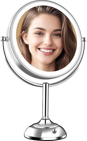 VESAUR 10" Extra Large and 17" Tall Lighted Makeup Mirror, 1X/5X Magnifying Vanity Mirror with 3 Colors Dimmable Light, 52 Premium LED Lights, 360° Rotation Table Mirror 2 Power Supply, Pearl Nickel in Kuwait