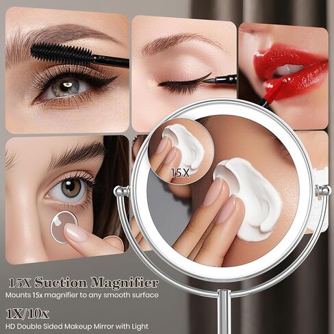 VESAUR 10" Extra Large and 17" Tall Lighted Makeup Mirror, 1X/5X Magnifying Vanity Mirror with 3 Colors Dimmable Light, 52 Premium LED Lights, 360° Rotation Table Mirror 2 Power Supply, Pearl Nickel in Kuwait