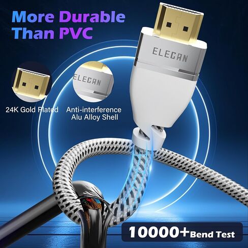 Elecan Certified 8K HDMI 2.1 Cable 6 Ft, Left 45 Degree Angled High Speed 48Gbps Braided HDMI Cord, 8K@60Hz 4K@120Hz 2K 1080P, HDR10+, eARC HDCP 2.3 for Video Gaming PC PS5 Xbox Switch TV Monitor in Saudi Arabia