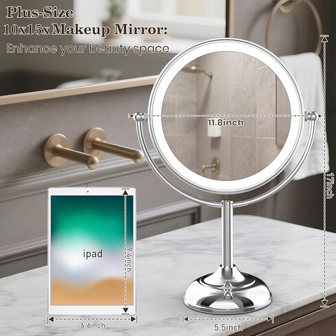 VESAUR 10" Extra Large and 17" Tall Lighted Makeup Mirror, 1X/5X Magnifying Vanity Mirror with 3 Colors Dimmable Light, 52 Premium LED Lights, 360° Rotation Table Mirror 2 Power Supply, Pearl Nickel in Kuwait