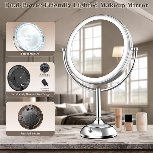 VESAUR 10" Extra Large and 17" Tall Lighted Makeup Mirror, 1X/5X Magnifying Vanity Mirror with 3 Colors Dimmable Light, 52 Premium LED Lights, 360° Rotation Table Mirror 2 Power Supply, Pearl Nickel in Kuwait