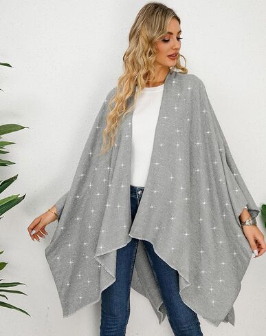 REEMONDE Womens Rhinestones Open Front Poncho Shawl Wrap Cape Ruana Travel Blanket Cardigan in Kuwait