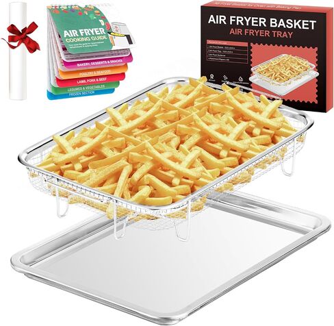 Air Fryer Basket for Oven,12.8" Air Fryer Stainless Steel Basket with 50 PCS Parchment Papers, Air Fryer Accessories, Nonstick Air Fry Crisper Tray with Baking Pan, Bone Air Fryer Guide in Saudi Arabia