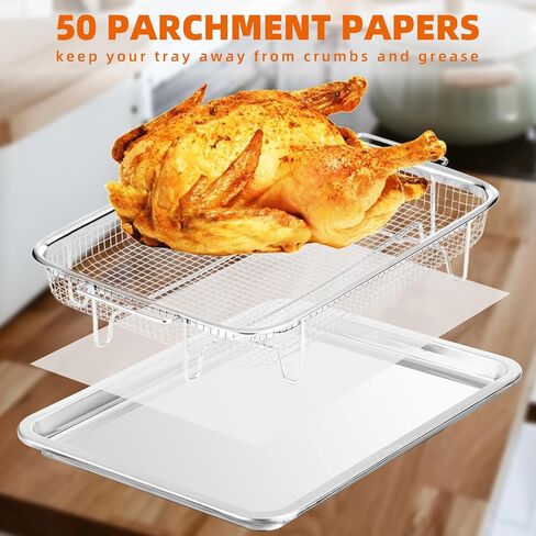 Air Fryer Basket for Oven,12.8" Air Fryer Stainless Steel Basket with 50 PCS Parchment Papers, Air Fryer Accessories, Nonstick Air Fry Crisper Tray with Baking Pan, Bone Air Fryer Guide in Saudi Arabia