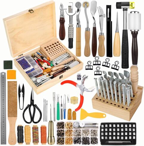 Jupean 458 Pieces Leather Kits, Leather Working Tools, Leathercraft Tools and Supplies with Instruction, Tool Holder, Leather Stamps Set, Prong Punch, Hole Hollow Punch for Leather Craft Working in Saudi Arabia