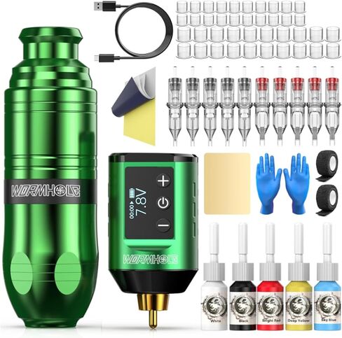 Tattoo Kit Wormhole Tattoo Rotary Tattoo Machine Kit Complete Tattoo Pen Kit 20PCS Tattoo Cartridge Needles 6PCS Tattoo Ink for Beginners and Tattoo Artists WTK159 in Kuwait