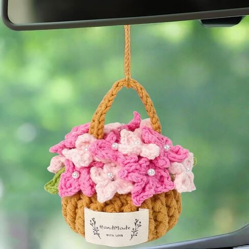 Bohemia Car Plant Crochet Hanging Basket Hanging Plant for Car Decor Car Accessories Cute Potted Plants Crochet Car Ornament Rear View Mirror Accessories Car Ornament for Friends Female in Saudi Arabia
