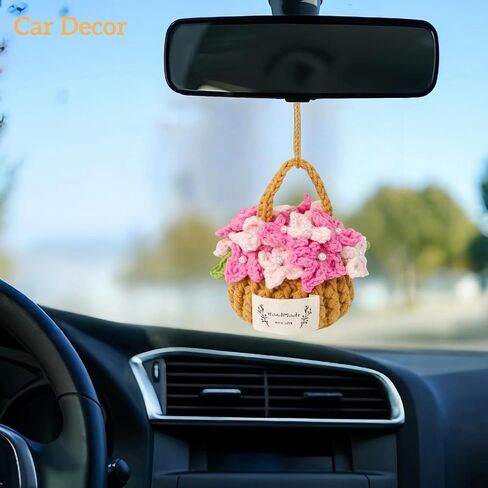 Bohemia Car Plant Crochet Hanging Basket Hanging Plant for Car Decor Car Accessories Cute Potted Plants Crochet Car Ornament Rear View Mirror Accessories Car Ornament for Friends Female in Saudi Arabia