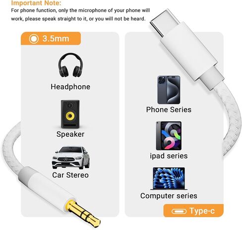 USB C to 3.5mm Audio Cable (6.6ft), Type C to 3.5mm Headphone Car Stereo Cord Compatible for iPhone 16/15 Pro Max, Samsung S24/S23, iPad Pro, Pixel 5/6, Car Stereo, Hi-Fi Sound, DAC Supported in Saudi Arabia