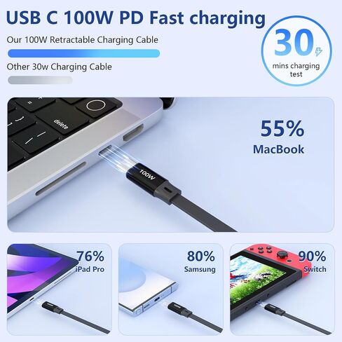 100W قابلة للسحب USB C Multi 5-in-1 USB A/Type C إلى Lightning/USB C/Micro iPhone Charger Cable ، Fast Apple Charging Cord iPhone 15 14 13 12 Pro Max XS XR X 8 7 6 Plus SE/Samsung/iPad Pro-Black in Kuwait
