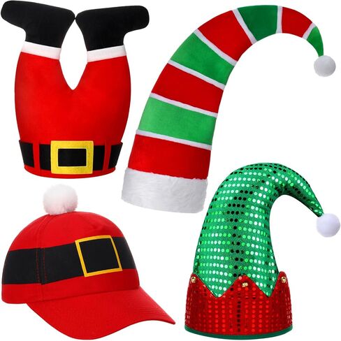 Syhood 4 Pieces Christmas Hats Santa Xmas Hat Christmas Tree Cap Felt Elf Hat Coil Santa Hat Santa Pants Hat for 15 Years Old Aldult Holiday Party Costume in Saudi Arabia