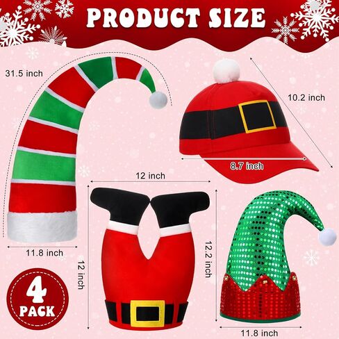 Syhood 4 Pieces Christmas Hats Santa Xmas Hat Christmas Tree Cap Felt Elf Hat Coil Santa Hat Santa Pants Hat for 15 Years Old Aldult Holiday Party Costume in Saudi Arabia