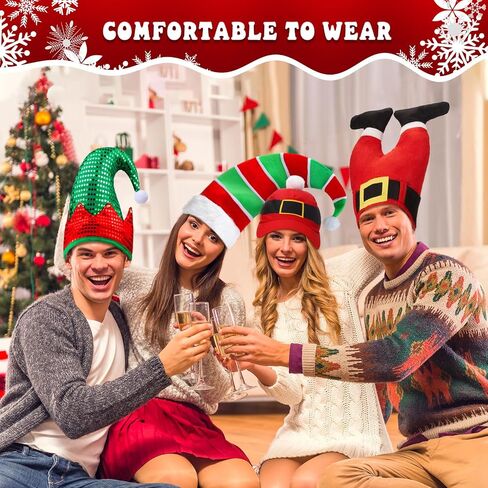 Syhood 4 Pieces Christmas Hats Santa Xmas Hat Christmas Tree Cap Felt Elf Hat Coil Santa Hat Santa Pants Hat for 15 Years Old Aldult Holiday Party Costume in Saudi Arabia
