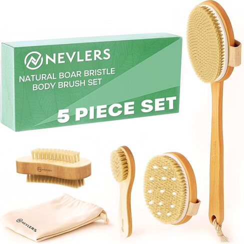 Nevlers Natural Boar Bristle Body Brush Set with Detachable Cellulite Massage Brush and Long Wooden Handle for Dry Brushing Perfect Kit to Exfoliate and Get Rid of Cellulite in Kuwait
