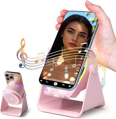 مكبر الصوت اللاسلكي التعريفي ، موقف الهاتف الخلوي مع مكبر صوت بلوتوث ، صوت ستيريو ، الضوء المحيط RGB ، حامل الهاتف متوافق مع iPhone/iPad/Android/Samsung Galaxy (Pink) in Saudi Arabia