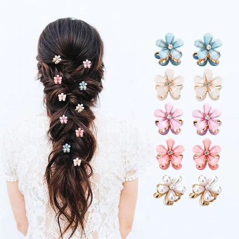 10 Pcs Mini Cute Flower-Shaped Hair Clips for Girls, Multicolor Crystal Hair Barrettes for Long Braid Hairstyles, Flower Hairpin for Women Hair Accessories (10 Pcs- Black) in Kuwait