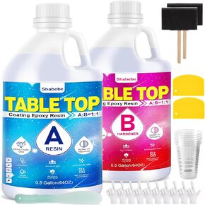 Shabebe Table Top Epoxy Resin 2 Gallon, Super Gloss & Crystal Clear Epoxy Resin Kit with UV Resistant & Self Leveling, Non Toxic Food Safe for River Tables, Live Edge Tables, Bar Tops, Countertops 1:1