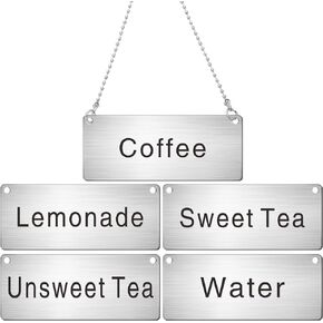 Hicarer 5 Pcs Stainless Steel Chain Signs 3-1/2 x 1-3/8 Beverage Table Display Signs Hanging Chain Sign (Coffee, Decaf, Hot Water, Hot Tea, Iced Tea)