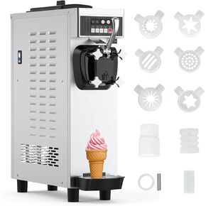 Commercial Ice Cream Machine, 4.76 to 5.8GAL/H Ice Cream Machine, with Pre-Cold Function, 1050W Single-Flavored Compressor Soft Ice Cream Machine, with 1.85 Gallon Ingredient Box