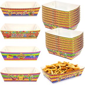 48 Pack Mexican Fiesta Print Party Supplies Disposable Cinco De Mayo Printed Paper Food Trays for Fiesta Taco Mexican Birthday Carnivals Picnics Party Supplies
