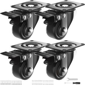 4 Inch Caster Wheels, Casters Set of 4, Heavy Duty Casters with Brake 2200 Lbs, Locking Industrial Swivel Top Plate Casters Wheels for Furniture and Workbench Cart(Two Hardware Kits Include)