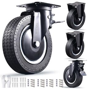 Heavy Duty 8 Inch Caster Wheels Set of 4 Industrial Swivel Locking Casters with Brake 3200 Lbs Load Capacity Rubber Wheels for Cart, Furniture, Workbench Outdoor Black Castors, Includes Bolts & Screws