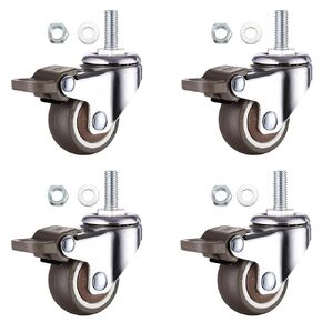 1 Inch Caster Wheels with M6 Threaded Stem, 15mm Screw Caster Wheels with 4 Brakes, Ball Bearing Silent Small Rubber Swivel Wheels for Furniture Tiny Shopping Cart Trolley Shelving Racks 4 Pack