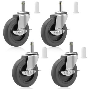 4 Inches Stem Caster Wheels, 7/16-Inch Stem Diameter Swivel Casters Set of 4 with Side Brake, Heavy Duty TPR Replacement Wheels for Utility Cart Rubbermaid Mop Bucket Shop Vac Weber Grills