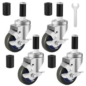 4 inches Prep Table Wheels Set of 4, 1-1/2" and 1-5/8" Expanding Stem Caster with Side Brake for Stainless Steel Table, Cart, Furniture Legs, Commercial Kitchen Appliances, Workbench