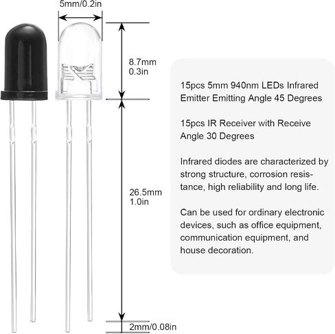 F5 940nm LED باعث الأشعة تحت الحمراء وصمام ثنائي لاستقبال الأشعة تحت الحمراء لـ Arduino 5 مم انبعاث الأشعة تحت الحمراء + أنبوب الاستقبال (مجموعة من 30 قطعة) in Saudi Arabia