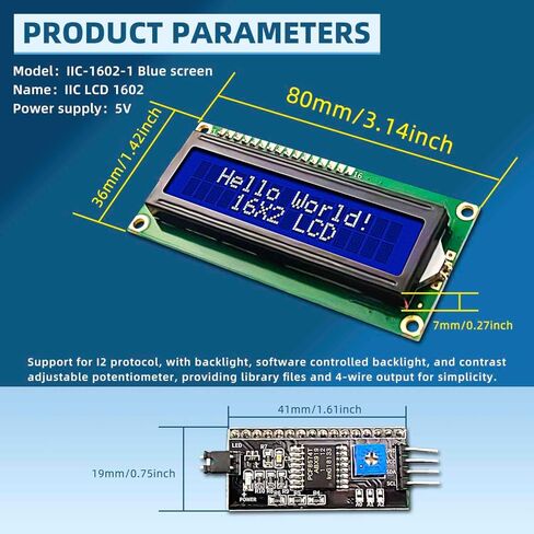 I2C LCD 1602 Display HD44780 محول الواجهة التسلسلية مع IIC/ I2C/ TWI LCD، متوافق مع Arduino R3 Mega 1 قطعة شاشة زرقاء 16 × 2 in Kuwait