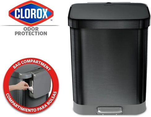 سلة مهملات من الفولاذ المقاوم للصدأ من جلاد مع حماية من رائحة الكلوروكس | سلة قمامة معدنية كبيرة للمطبخ مع غطاء ناعم ودواسة قدم وحامل لفافة أكياس النفايات، سعة 13 جالون، جميعها مقاومة للصدأ in Kuwait