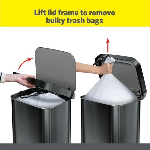سلة مهملات من الفولاذ المقاوم للصدأ من جلاد مع حماية من رائحة الكلوروكس | سلة قمامة معدنية كبيرة للمطبخ مع غطاء ناعم ودواسة قدم وحامل لفافة أكياس النفايات، سعة 13 جالون، جميعها مقاومة للصدأ in Kuwait