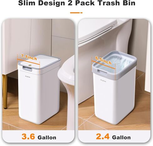 funest Bathroom Trash Can, 2 Pack Small Trash Can, S02 Plastic Waste Basket for Bedroom, Narrow Trash Bin for Home and Office, 3.6 Gal (Press top lid) + 2.4 Gal (Open lid) in Saudi Arabia