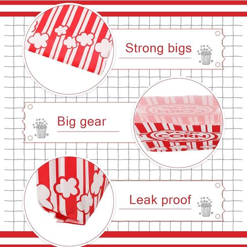 أكياس الفشار الورقية 2 أوقية أكياس الفشار المقاومة للدهون حصص فردية مقاومة للدموع حوامل الفشار حاوية حمراء وبيضاء للفشار لتزويد حفلات أفلام الكرنفال، 5.5 × 2 × 11.2 بوصة (500 قطعة) in Kuwait