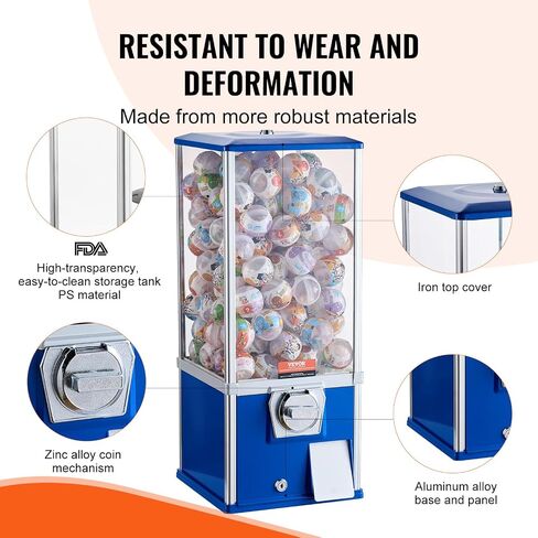 VEVOR Gumball Machine for Kids, 25" Height Home Vending Machine, PS Bouncy Balls Dispenser, Hold 230 Capsule Toys, Rectangle Bubble Gum Machine for Game Stores, Coin Operated Gumball Bank, Blue in Saudi Arabia