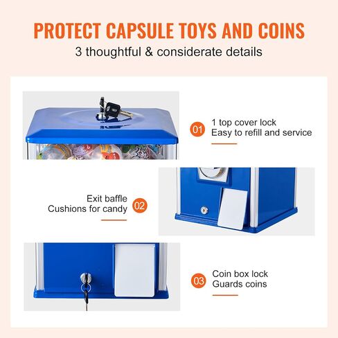 VEVOR Gumball Machine for Kids, 25" Height Home Vending Machine, PS Bouncy Balls Dispenser, Hold 230 Capsule Toys, Rectangle Bubble Gum Machine for Game Stores, Coin Operated Gumball Bank, Blue in Saudi Arabia