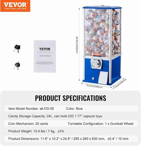 VEVOR Gumball Machine for Kids, 25" Height Home Vending Machine, PS Bouncy Balls Dispenser, Hold 230 Capsule Toys, Rectangle Bubble Gum Machine for Game Stores, Coin Operated Gumball Bank, Blue in Saudi Arabia