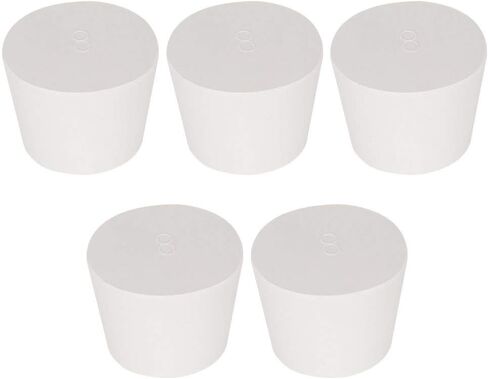 5PK 8# سدادات مطاطية صلبة - الحجم: زجاجة 1.30 بوصة، الجزء العلوي 1.61 بوصة، الطول 1.22 بوصة - سدادات مطاطية بيضاء مدببة ذات ختم مختبري in Saudi Arabia