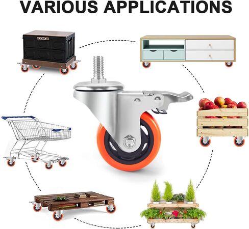 3 inch Casters 1 Inch Thread Stem Casters Heavy Duty Swivel Threaded Stem Caster Wheels with Screw Diameter 1/2''-13x1'' Length 1 Inch Thread Dual Locking Wheel with Brakes Pack of 4 (3 inch) in Kuwait