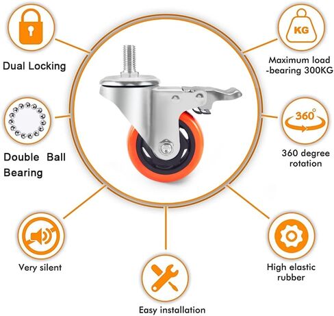 3 inch Casters 1 Inch Thread Stem Casters Heavy Duty Swivel Threaded Stem Caster Wheels with Screw Diameter 1/2''-13x1'' Length 1 Inch Thread Dual Locking Wheel with Brakes Pack of 4 (3 inch) in Kuwait