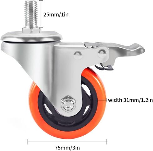 3 inch Casters 1 Inch Thread Stem Casters Heavy Duty Swivel Threaded Stem Caster Wheels with Screw Diameter 1/2''-13x1'' Length 1 Inch Thread Dual Locking Wheel with Brakes Pack of 4 (3 inch) in Kuwait