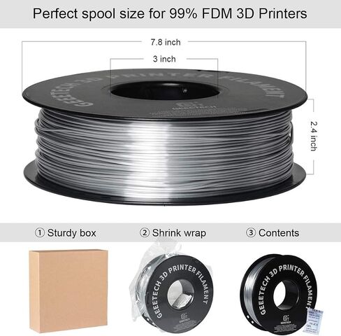 Geeetech Silk PLA Filament 1.75mm for 3D Printer, Metal-Like Shiny Consumable 1kg (2.2lbs) 1 Spool, Dimensional Accuracy +/- 0.03 mm,Metallic Silver in Kuwait
